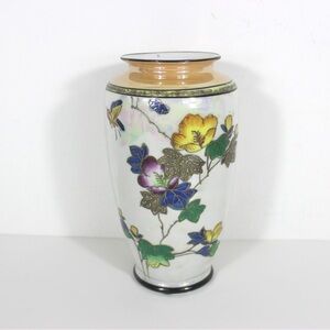 Vintage Iridescent Lustreware Japanese Hand Painted Porcelain Vase with Moriage
